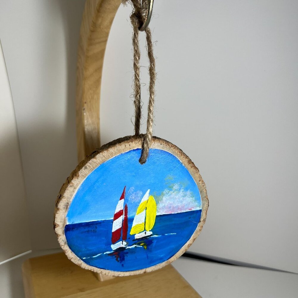 Hand-Painted Wooden Ornament With Colorful Sailboats & Ocean Scene